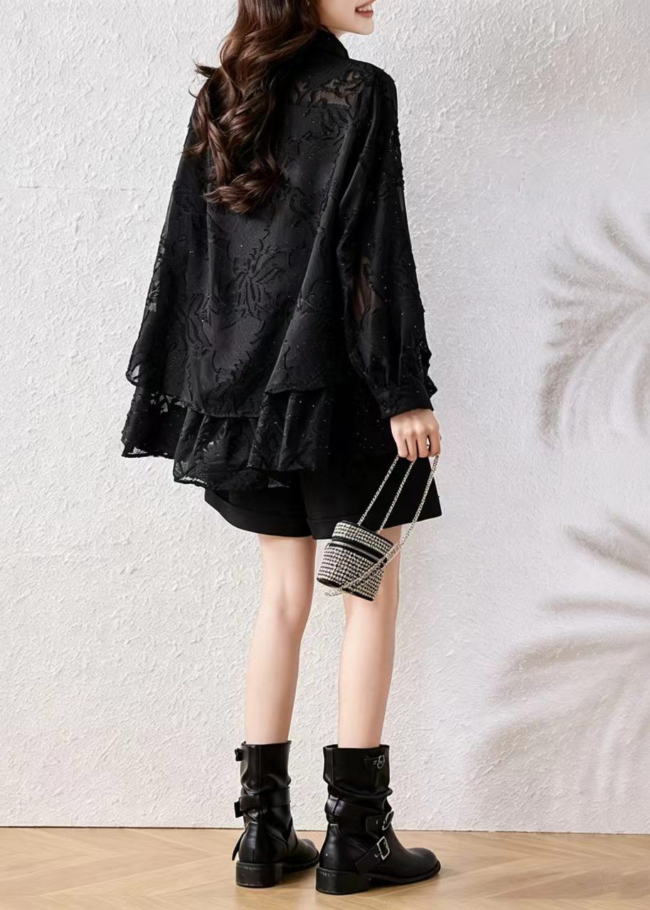 Loose Black Jacquard Turn-Down Collar Ruffles Rhinestone Shirts Fall