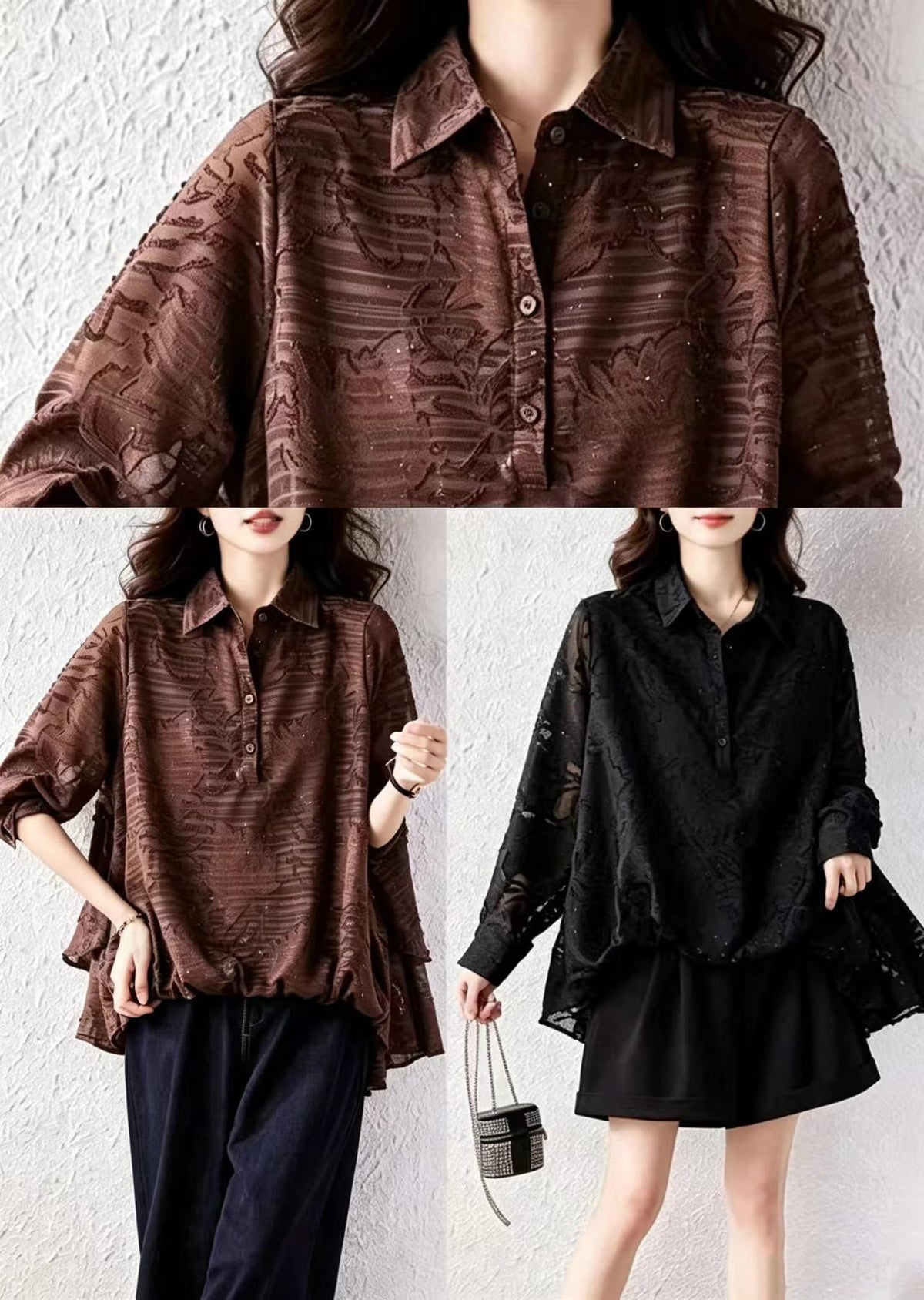 Loose Black Jacquard Turn-Down Collar Ruffles Rhinestone Shirts Fall