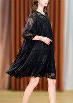 Loose Black Lace Up Lace Patchwork Silk Two Pieces Set Bracelet Sleeve