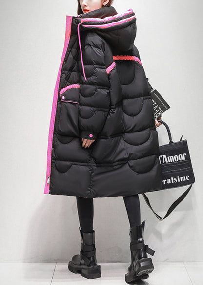 Loose Black Lace Up Pockets Patchwork Duck Down Puffer Coat Winter
