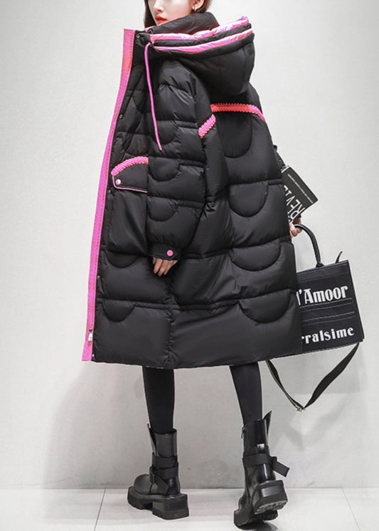 Loose Black Lace Up Pockets Patchwork Duck Down Puffer Coat Winter