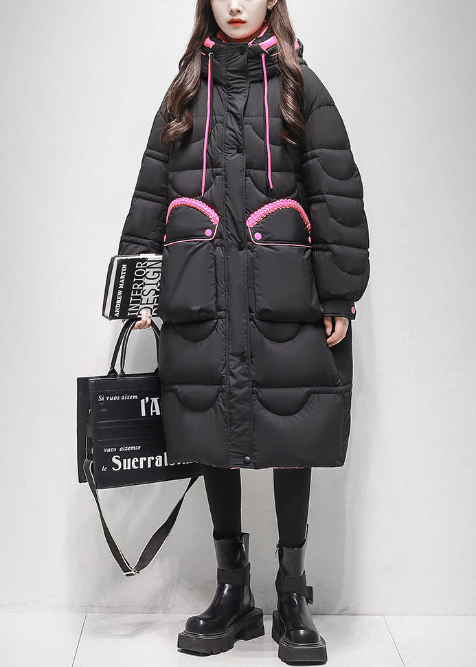 Loose Black Lace Up Pockets Patchwork Duck Down Puffer Coat Winter