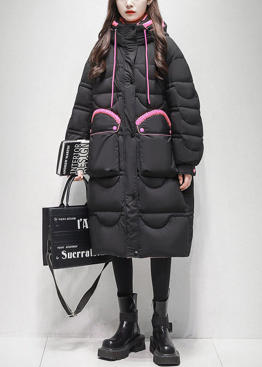 Loose Black Lace Up Pockets Patchwork Duck Down Puffer Coat Winter