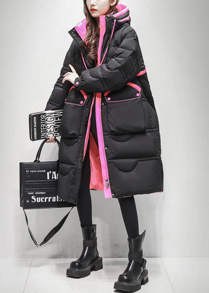 Loose Black Lace Up Pockets Patchwork Duck Down Puffer Coat Winter