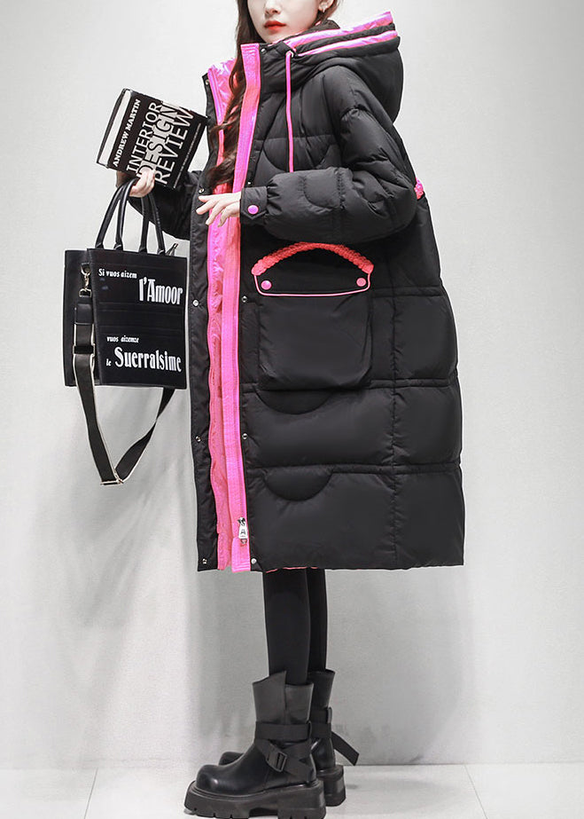 Loose Black Lace Up Pockets Patchwork Duck Down Puffer Coat Winter