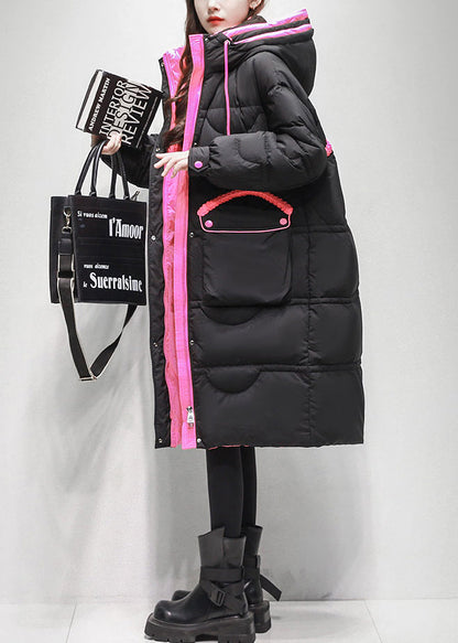 Loose Black Lace Up Pockets Patchwork Duck Down Puffer Coat Winter