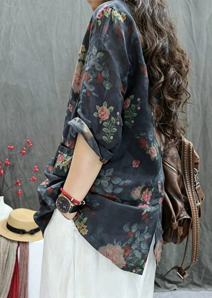 Loose Black Notched Print Back Slit Jackets Half Sleeve