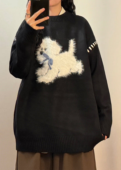 Loose Black O Neck Animal Patchwork Sweaters Spring