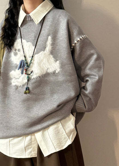 Loose Black O Neck Animal Patchwork Sweaters Spring