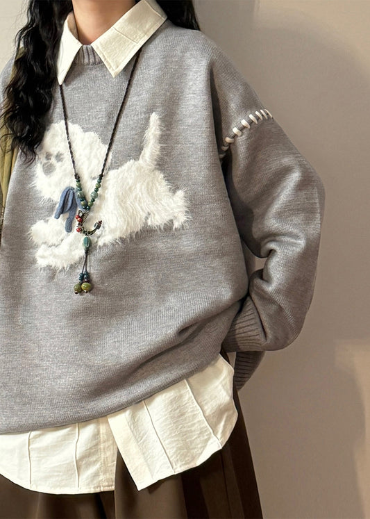 Loose Black O Neck Animal Patchwork Sweaters Spring