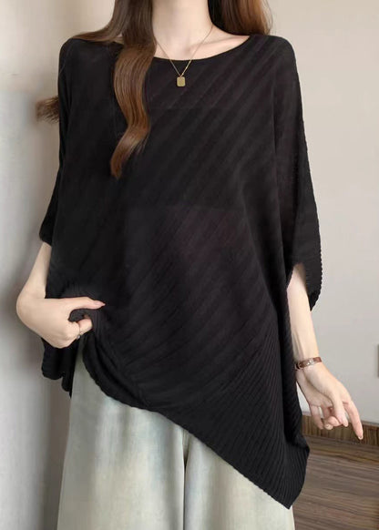 Loose Black O-Neck Asymmetrical Knit Top Batwing Sleeve
