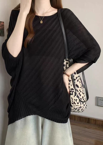 Loose Black O-Neck Asymmetrical Knit Top Batwing Sleeve