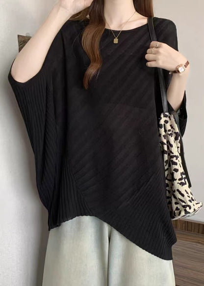 Loose Black O-Neck Asymmetrical Knit Top Batwing Sleeve
