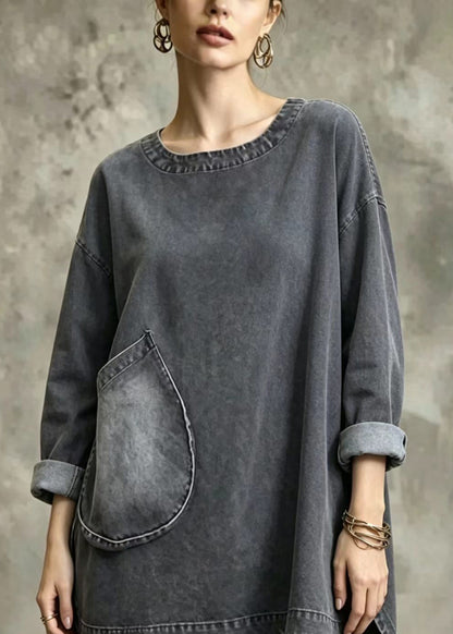 Loose Black O-Neck Big Pockets Side Open Denim Shirt Top Fall