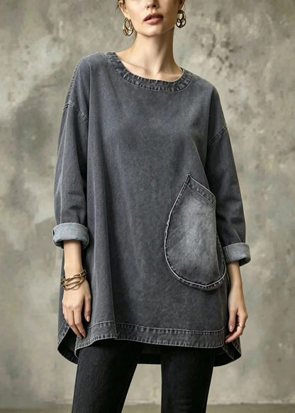 Loose Black O-Neck Big Pockets Side Open Denim Shirt Top Fall