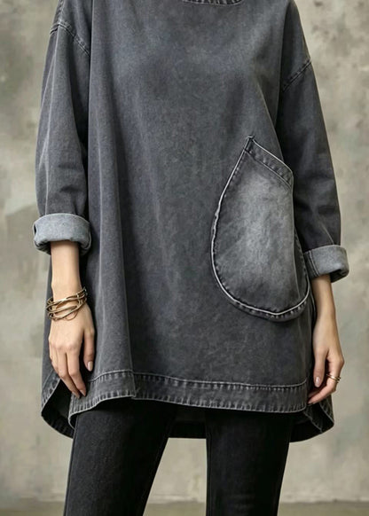 Loose Black O-Neck Big Pockets Side Open Denim Shirt Top Fall