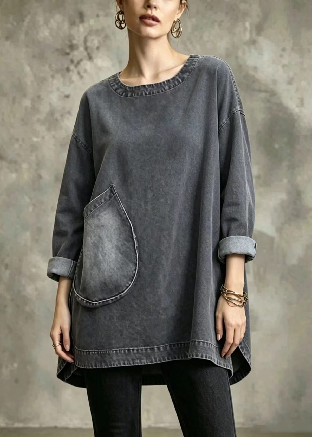 Loose Black O-Neck Big Pockets Side Open Denim Shirt Top Fall