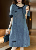 Loose Black O Neck Button Patchwork Denim Dress Summer