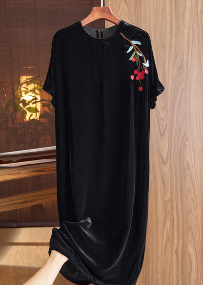 Loose Black O Neck Print Silk Velour Dresses Fall
