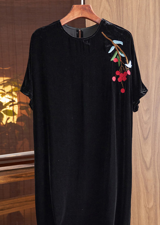 Loose Black O Neck Print Silk Velour Dresses Fall