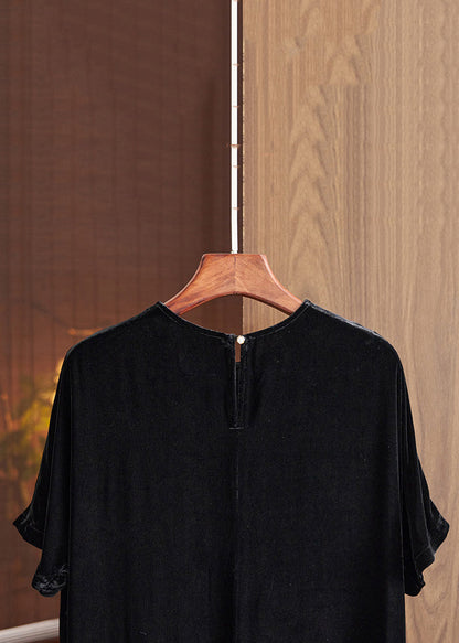 Loose Black O Neck Print Silk Velour Dresses Fall