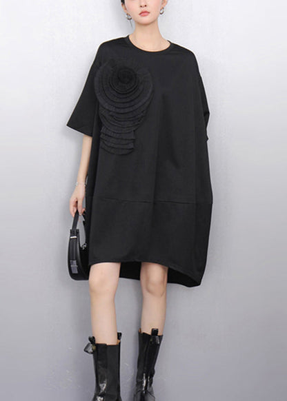 Loose Black O Neck Floral Solid Dress Half Sleeve