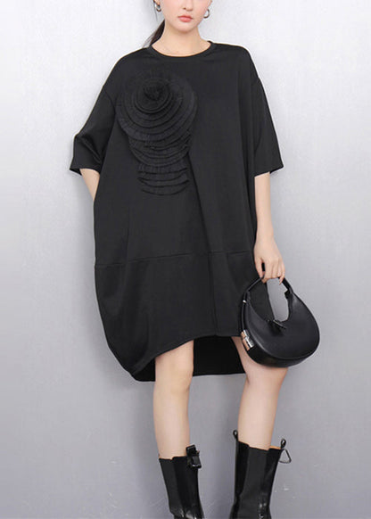 Loose Black O Neck Floral Solid Dress Half Sleeve