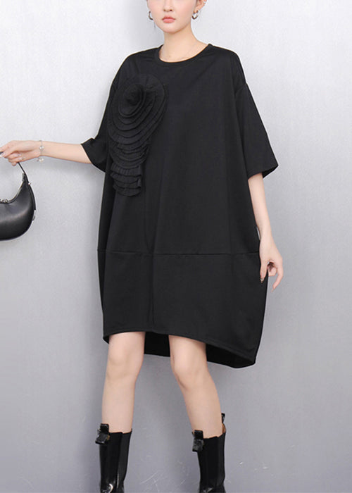 Loose Black O Neck Floral Solid Dress Half Sleeve