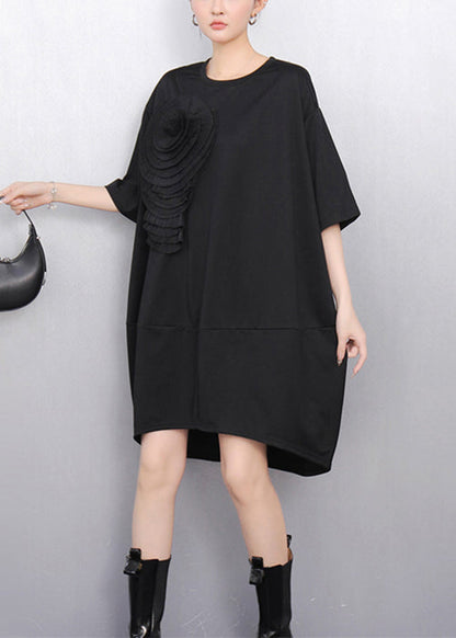 Loose Black O Neck Floral Solid Dress Half Sleeve
