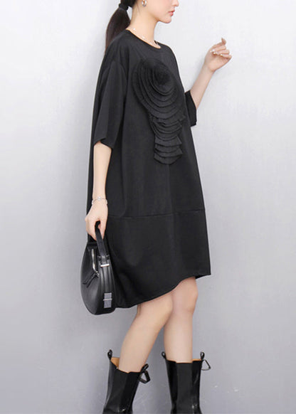 Loose Black O Neck Floral Solid Dress Half Sleeve