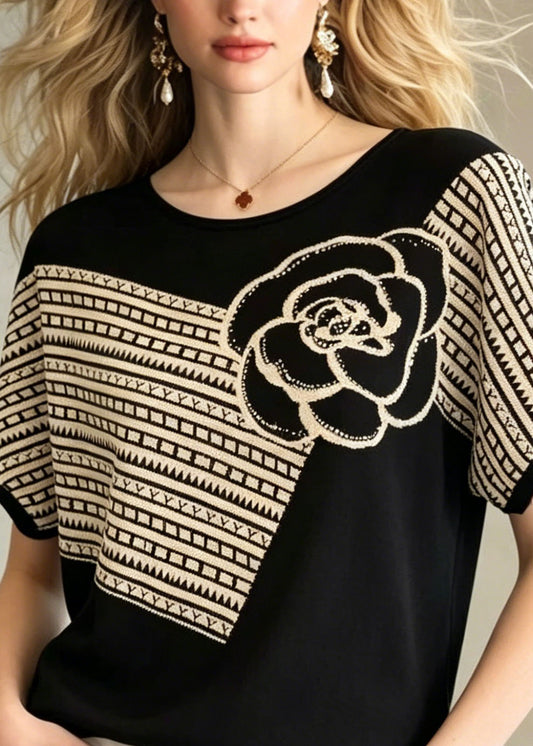 Loose Black O Neck Floral Zircon Knit Top Summer