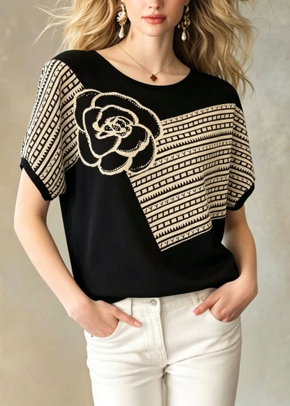 Loose Black O Neck Floral Zircon Knit Top Summer