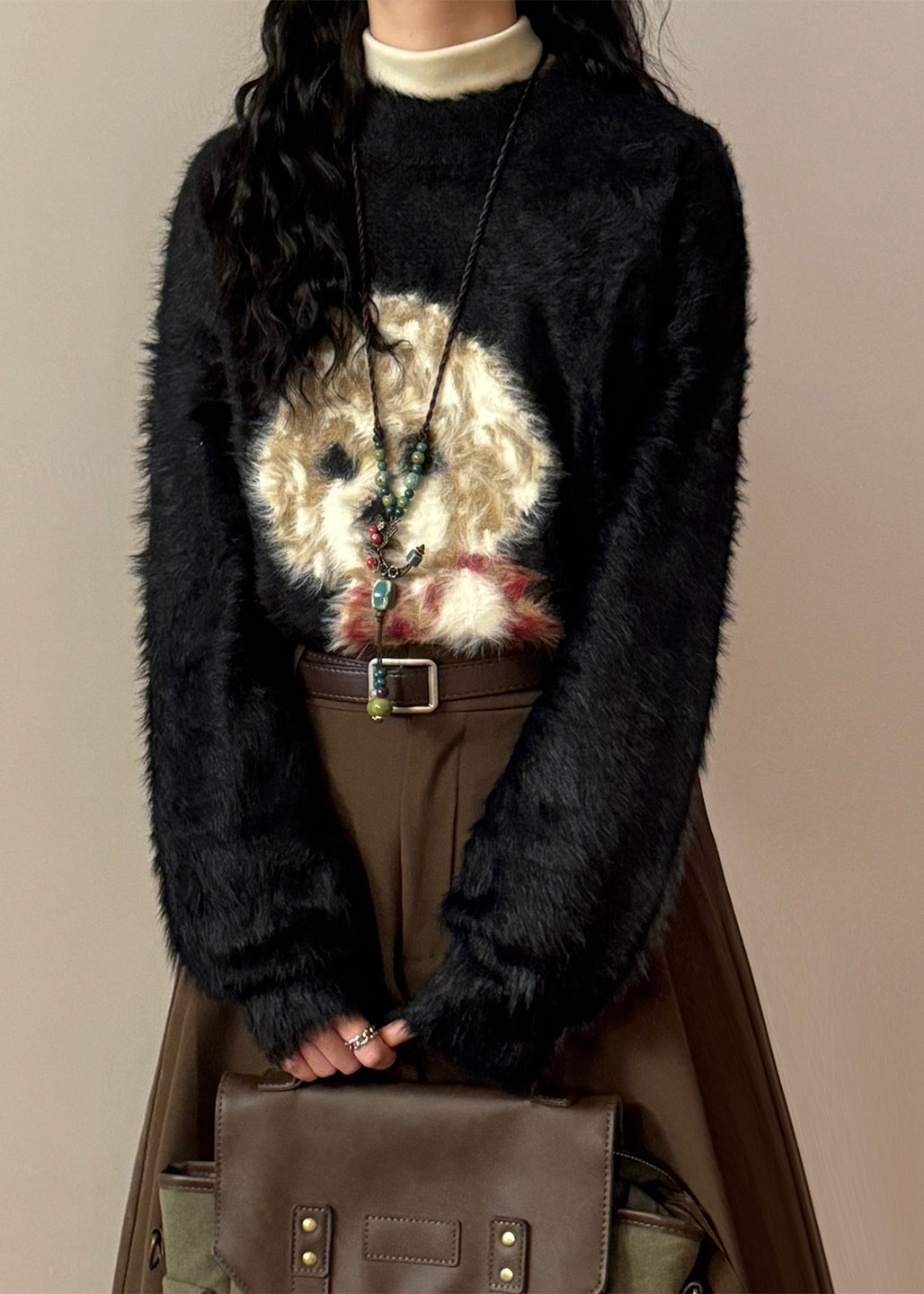 Loose Black O Neck Little Dog Cozy Mink Hair Knitted Sweater Winter