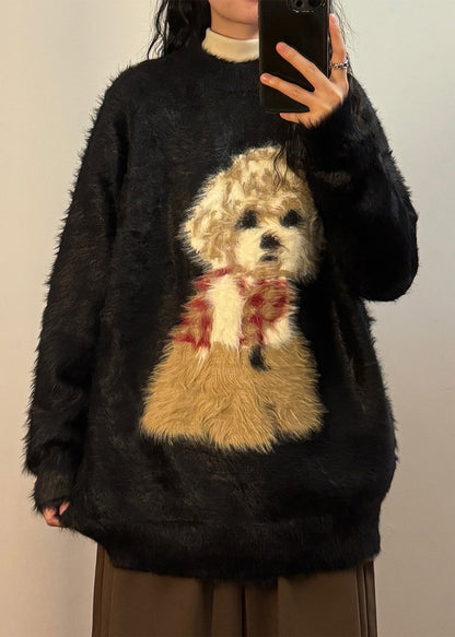 Loose Black O Neck Little Dog Cozy Mink Hair Knitted Sweater Winter