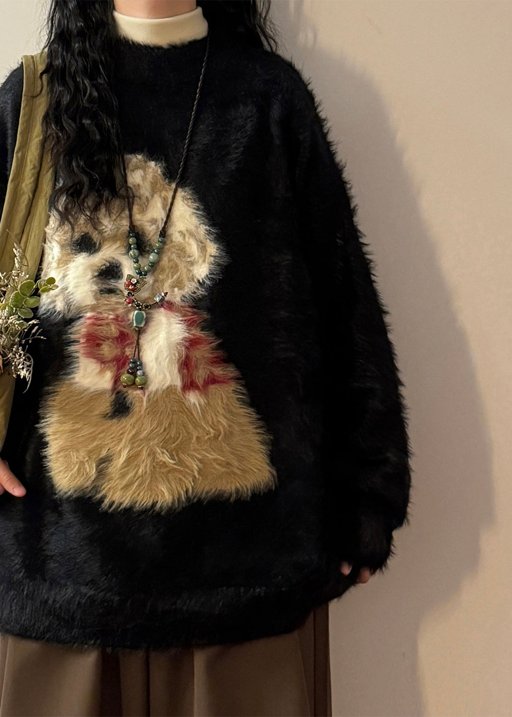 Loose Black O Neck Little Dog Cozy Mink Hair Knitted Sweater Winter