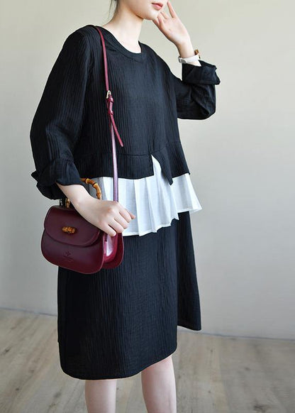 Loose Black O Neck Patchwork Spring Maxi Dress - SooLinen