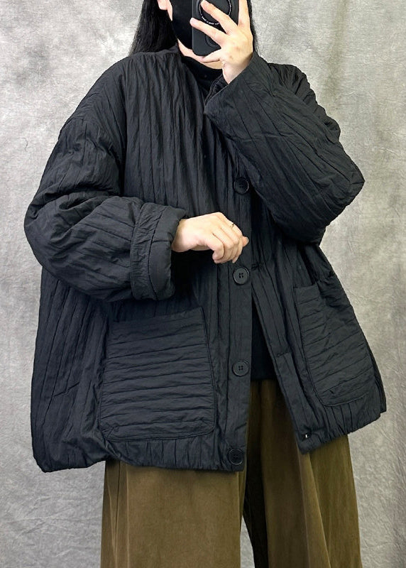 Loose Black O Neck Pockets Button Fine Cotton Filled Jacket Winter