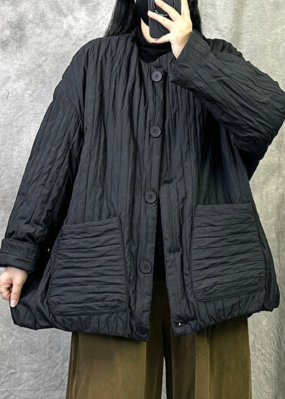 Loose Black O Neck Pockets Button Fine Cotton Filled Jacket Winter