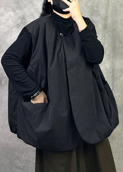 Loose Black O Neck Pockets Patchwork Fine Cotton Filled Vest Sleeveless