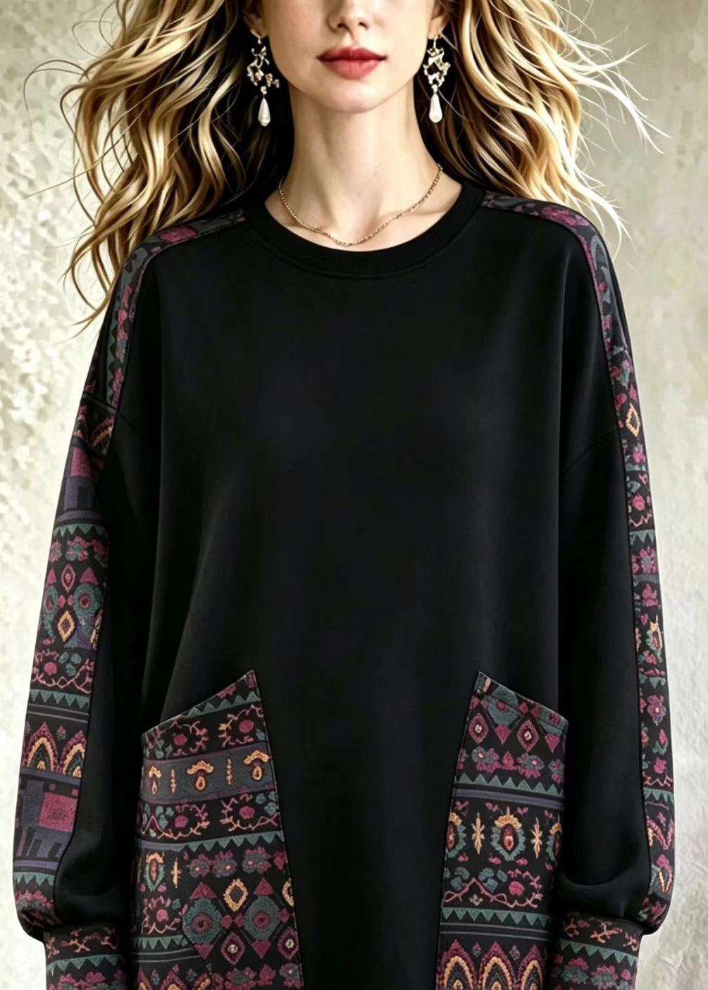 Loose Black O-Neck Pockets Print Sweatshirts Top Fall