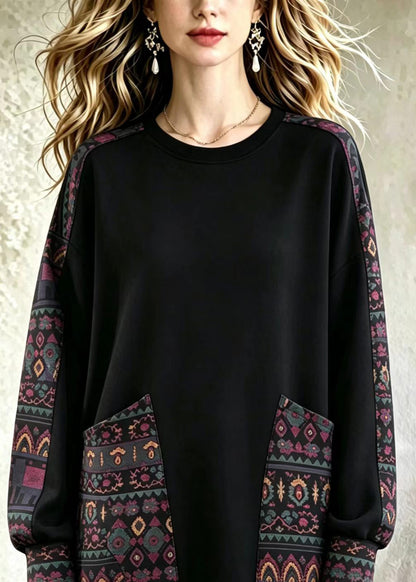 Loose Black O-Neck Pockets Print Sweatshirts Top Fall