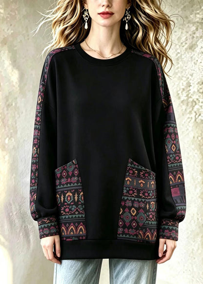 Loose Black O-Neck Pockets Print Sweatshirts Top Fall