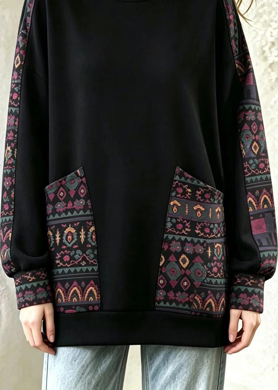 Loose Black O-Neck Pockets Print Sweatshirts Top Fall
