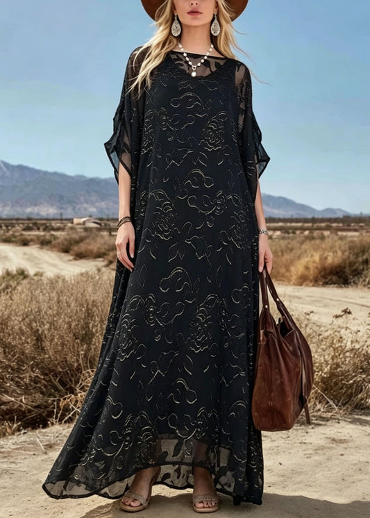 Loose Black O Neck Print Chiffon Maxi Dresses Summer