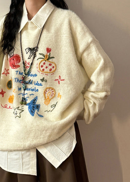 Loose Black O Neck Print Knit Sweater Spring