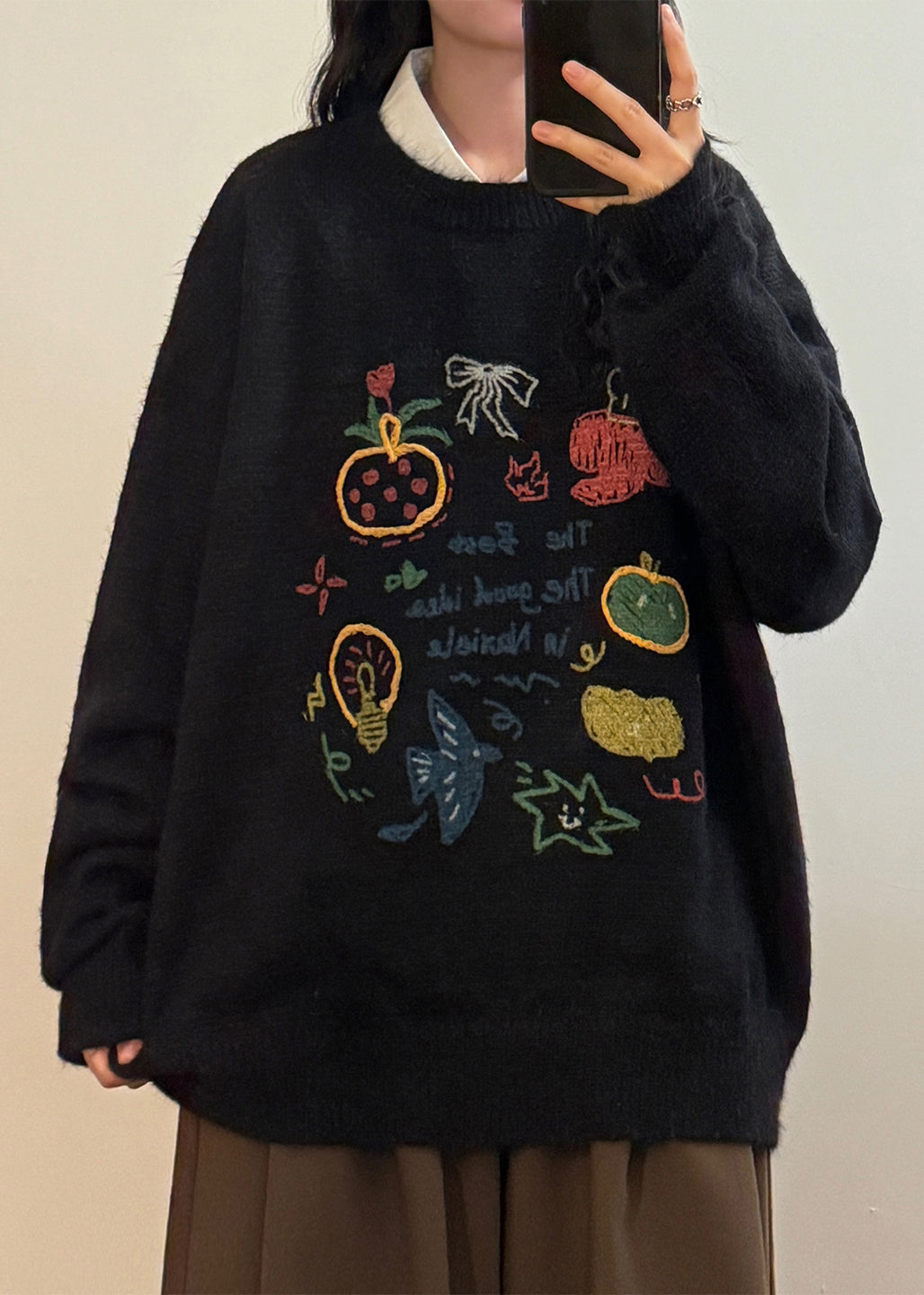 Loose Black O Neck Print Knit Sweater Spring