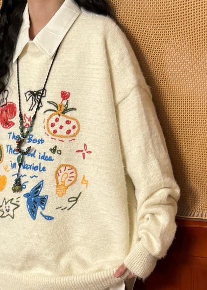 Loose Black O Neck Print Knit Sweater Spring