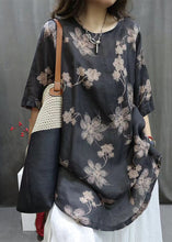 Load image into Gallery viewer, Loose Black O-Neck Print Linen Shirts Half Sleeve