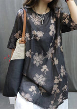 Load image into Gallery viewer, Loose Black O-Neck Print Linen Shirts Half Sleeve