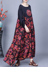 Load image into Gallery viewer, Loose Black O Neck Print Patchwork Silk Dresses Spring